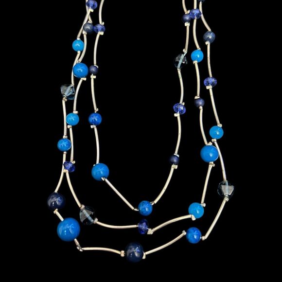 The Limited Three Strand Blue Beaded Acrylic Pearl Silver Tone Necklace - NWT - Picture 3 of 5
